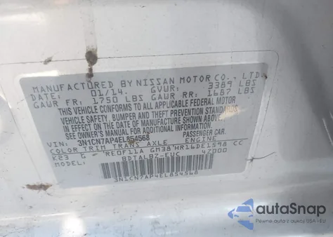 2014 Nissan Versa 1.6 Sv from USA, damaged, VIN 3N1CN7AP4EL854568
